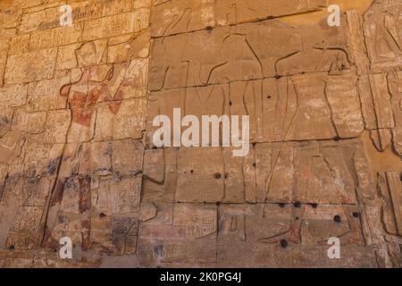 Ancient Egyptian Drawing on the Walls of the temple of Seti I also known as the Great Temple of Abydos in Kharga, Egypt Stock Photo