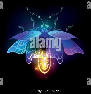 Antique, mechanical firefly with light bulb and thin wings glows orange, purple, turquoise on black background. Steampunk style. Stock Vector