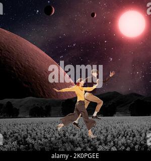 Contemporary art collage. Young stylish people in retro clothes running on flower field at night over space background. Planets Stock Photo