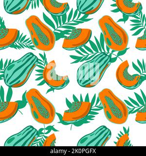 Seamless pattern of stylized papaya and tropical leaves, drawn elements in doodle style. Whole papaya, parts, slices, core. Image of summer fruits on Stock Vector