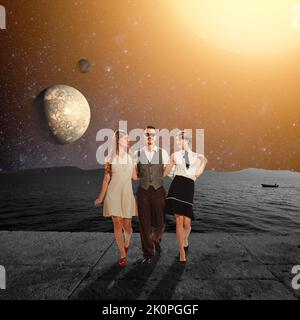Contemporary art collage. Smiling man walking with two beautiful woman on embankment over space background with planets and stars Stock Photo