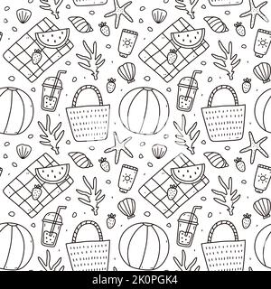 Cute seamless pattern with summer doodles - beach ball, wicker bag, sunscreen, watermelon, corals, starfish and seashells. Vector hand-drawn illustration. Perfect for print, wrapping paper, wallpaper. Stock Vector