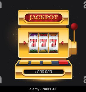 Golden slot machine on dark background with Jackpot sign one dark background. Win 777 jackpot. Lucky seven, big win, casino vegas game. Jackpot triple Stock Vector