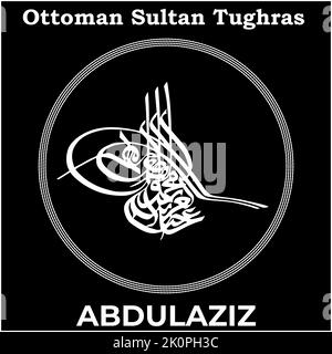 Vector image with Tughra signature of Ottoman Thirty-Second Sultan Abdulaziz, Tughra of Abdulaziz with black background. Stock Vector