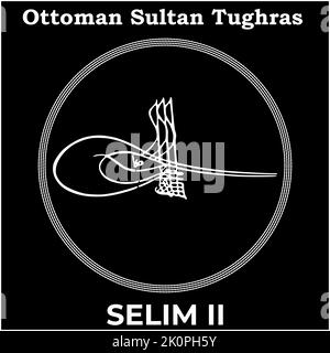 Vector image with Tughra signature of Ottoman Eleventh Sultan Selim II, Tughra of Selim II with black background. Stock Vector