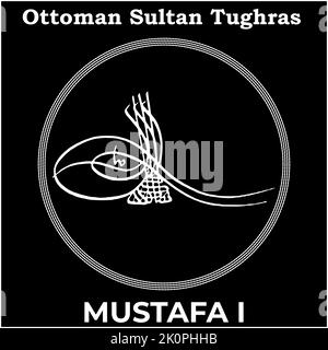 Vector image with Tughra signature of Ottoman Fifteenth Sultan Mustafa I, Tughra of Mustafa I with black background. Stock Vector