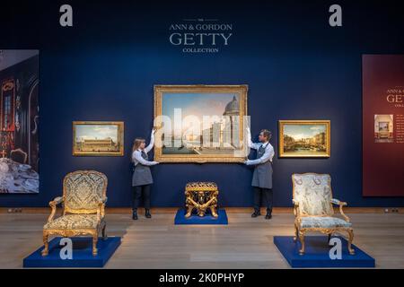 Christie’s, London, UK. 12 September 2022. The Ann & Gordon Getty Collection sale preview. 19th and 20th Century works, being sold for Charity during four Day and Evening Sales in New York, 20-23 October. Image (centre): Canaletto, Venice, the Grand Canal looking East with Santa Maria della Salute (estimate $6,000,000-10,000,000). Credit: Malcolm Park/Alamy Live News. Stock Photo