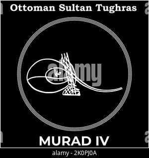 Vector image with Tughra signature of Ottoman Seventeenth Sultan Murad IV, Tughra of Murad IV with black background. Stock Vector