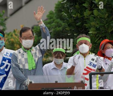 Japanese Communist Party leader Kazuo Shii waves during a campaign for candidate Denny Tamaki for Okinawa governor election in Naha, Okinawa-Prefecture, Japan on September 10, 2022. Credit: AFLO/Alamy Live News Stock Photo