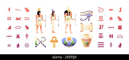 Egyptian elements. Ancient Egypt hieroglyph and traditional characters pharaoh god temple sphinx, old antique religion symbols. Vector collection. Col Stock Vector