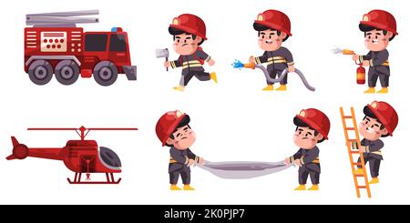 Fire fighter firemen professional occupation career set collection for kids wearing helmet firefighting extinguisher Stock Vector