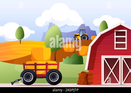 Hay bales cartoon landscape. Rural scene with flat haystack, horizontal countryside scenery farm field. Vector panoramic illustration. Farm barn, trac Stock Vector