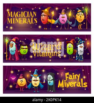 Cartoon vitamins and micronutrients wizards and mages characters, vector banners. Funny vitamins and mineral nutrients, selenium or potassium pill with magic wands, calcium and magnesium in wizard hat Stock Vector