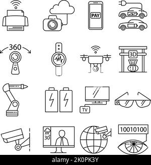 Technology icon series in thin outline. Car camera, artificial intelligence, robotic. Vector illustration. Stock Vector