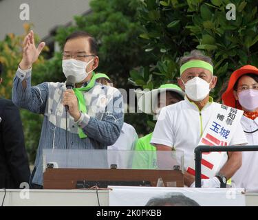 Japanese Communist Party leader Kazuo Shii delivers speech during a campaign for candidate Denny Tamaki for Okinawa governor election in Naha, Okinawa-Prefecture, Japan on September 10, 2022. Credit: AFLO/Alamy Live News Stock Photo