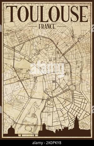 Framed downtown streets network printout map of TOULOUSE, FRANCE Stock Vector