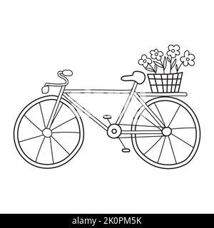 A two-wheeled bicycle with a basket of flowers in sketch doodle style. urban transport. Hand drawn black and white vector illustration isolated on whi Stock Vector
