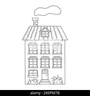 Cute simple three-storey house in sketch doodle style. Hand drawn black and white vector illustration isolated on white background Stock Vector