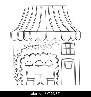 Simple cute cafe with a table, chairs and lampshades in sketch doodle style. Hand drawn black and white vector illustration isolated on white backgrou Stock Vector