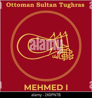 Vector image with Tughra signature of Ottoman Fifth Sultan Mehmed I, Tughra of Mehmed I with black background. Stock Vector