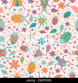 Bugs, leaves and flowers seamless pattern Stock Vector