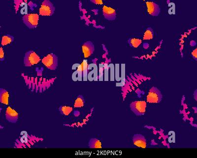 Pixel scary face with glowing eyes seamless pattern. Evil scary eyes carved in a pumpkin. Retro 8-bit video game of the 90s in 2D. Design for games, a Stock Vector