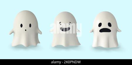 Set of Ghost. 3D illustration. Happy Halloween banner or party invitation. Vector illustration Stock Vector
