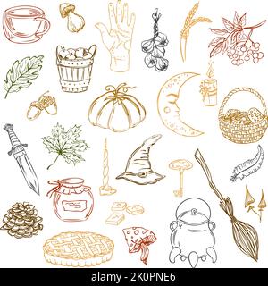 Set autumn vector elements. Outline hand drawn illustration. Mystical autumn Stock Vector