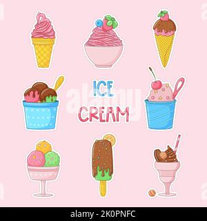 Set of cartoon colored doodle ice cream. Ice cream, popsicle with icing and berry. Stickers with white border. Bright summer sweet food. Hand drawn De Stock Vector