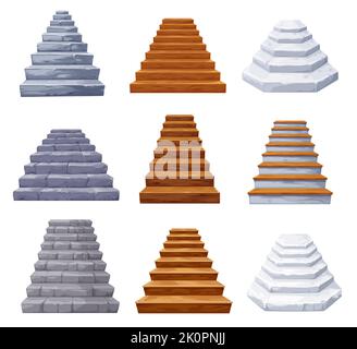 Cartoon isolated wooden and stone castle stairs, staircase, stairway. Vector antique and modern ladder flights without railings, wood or marble step treads and rock risers, castle interior objects Stock Vector