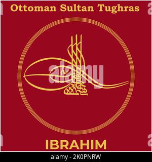 Vector image with Tughra signature of Ottoman Eighteenth Sultan Ibrahim, Tughra of Ibrahim with traditional Turkish painting background. Stock Vector