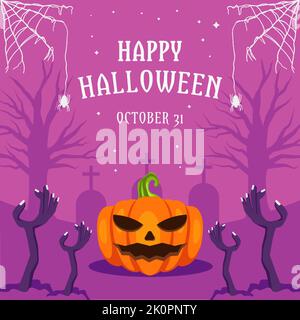 happy halloween illustration with pumpkin, zombie hands, tree, and cobweb Stock Vector