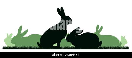Rabbits are grazing. Picture silhouette. Rural landscape with farmers house. Farm pets. Fur animals. Isolated on white background. Vector Stock Vector
