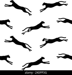 Vector seamless pattern of flat jumping cheetah silhouette isolated on white background Stock Vector