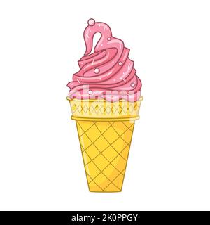 Pink ice cream in a waffle cone with icing. Bright summer sweet food. Delicious frozen dessert. Vector colored doodle Hand drawn illustration isolated Stock Vector