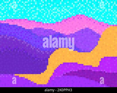 Pixel landscape with hills and mountains. Retro 8-bit video game of the 90s in 2D. Pixel art design for games, apps, banners and posters. Vector illus Stock Vector