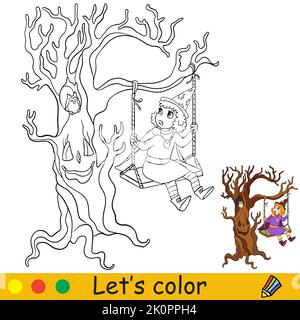Cute surprised witch on a swing next to a scary tree. Halloween concept. Coloring book page for children with colorful template. Vector cartoon illust Stock Vector