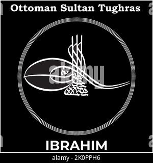 Vector image with Tughra signature of Ottoman Eighteenth Sultan Ibrahim, Tughra of Ibrahim with black background. Stock Vector