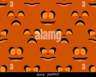 Scary face seamless pattern. Evil scary eyes carved in a pumpkin. Halloween Jack O Lantern. Design for greeting card, banner and holiday invitations. Stock Vector