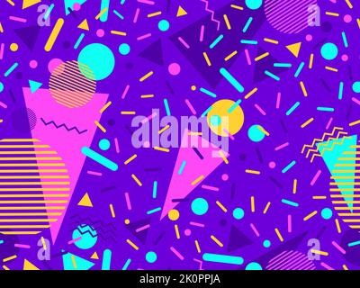Memphis seamless pattern with geometric shapes in 80s style. Colorful geometric shapes on a violet background. Design of promotional products, wrappin Stock Vector