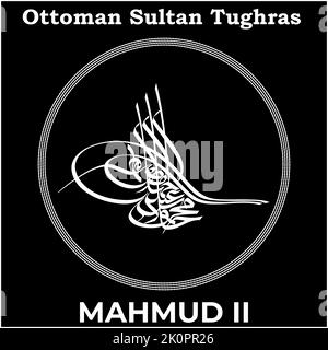 Vector image with Tughra signature of Ottoman Thirtieth Sultan Mahmud II., Tughra of Mahmud II. with black background. Stock Vector
