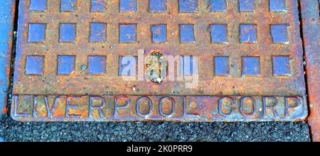 Liverpool Corp, cast iron grid,in the road, South Liverpool, Merseyside, England, UK Stock Photo