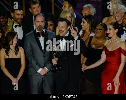 Los Angeles, United States. 12th Sep, 2022. Jason Sudeikis (C) with cast and crew accept the Outstanding Comedy Series award for 'Ted Lasso' onstage during the 74th annual Primetime Emmy Awards at the Microsoft Theater in Los Angeles on Monday, September 12, 2022. Photo by Mike Goulding/UPI Credit: UPI/Alamy Live News Credit: UPI/Alamy Live News Credit: UPI/Alamy Live News Stock Photo