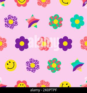 Cool groovy flower seamless pattern Y2k Style. Trendy funky background, poster, stickers. Vector illustration. Stock Vector