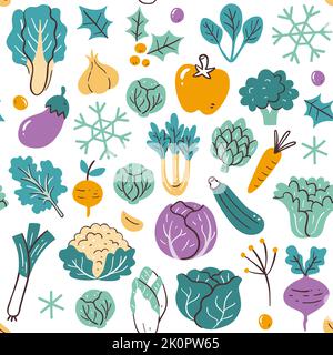 Colorful winter seasonal vegetables seamless pattern. Isolated vegetables on white background. Vector illustration. Stock Vector