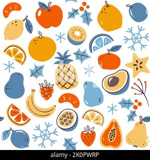 Colorful winter seasonal fruits seamless pattern. Isolated fruits on white background. Vector illustration. Stock Vector