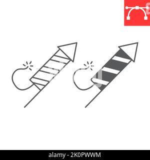 Fireworks rocket line and glyph icon, firecracker and explosive, petard vector icon, vector graphics, editable stroke outline sign, eps 10. Stock Vector