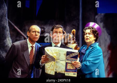 l-r: David Howey (Prince Philip), Toby Salaman (Prince Charles), Pam Ferris (The Queen) in THE QUEEN AND I by Sue Townsend at the Haymarket Theatre, Leicester, England  29/03/1994  a co-production with Out of Joint and The Royal Court Theatre  music & lyrics: Mickey Gallagher & Ian Dury  design: Fotini Dimou  lighting: Rick Fisher  director: Max Stafford-Clark Stock Photo