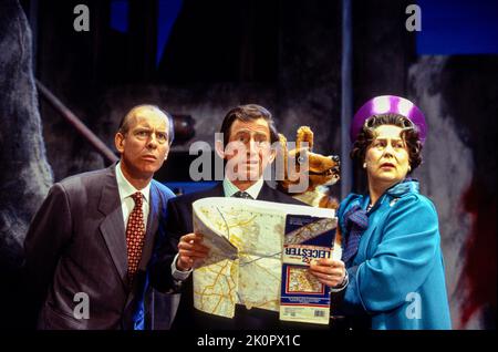 l-r: David Howey (Prince Philip), Toby Salaman (Prince Charles), Pam Ferris (The Queen) in THE QUEEN AND I by Sue Townsend at the Haymarket Theatre, Leicester, England  29/03/1994  a co-production with Out of Joint and The Royal Court Theatre  music & lyrics: Mickey Gallagher & Ian Dury  design: Fotini Dimou  lighting: Rick Fisher  director: Max Stafford-Clark Stock Photo