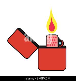 A lit and open butane classic vintage old lighter with yellow and red flame isolated on a white square background Stock Vector
